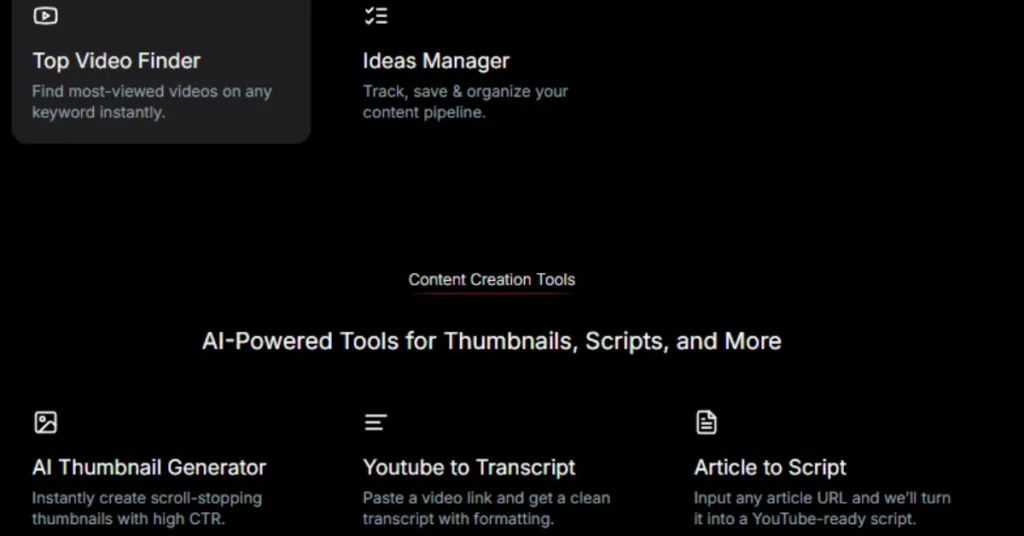 The main dashboard of the TubeMagic AI YouTube tool showing the script writer and video idea generator features.